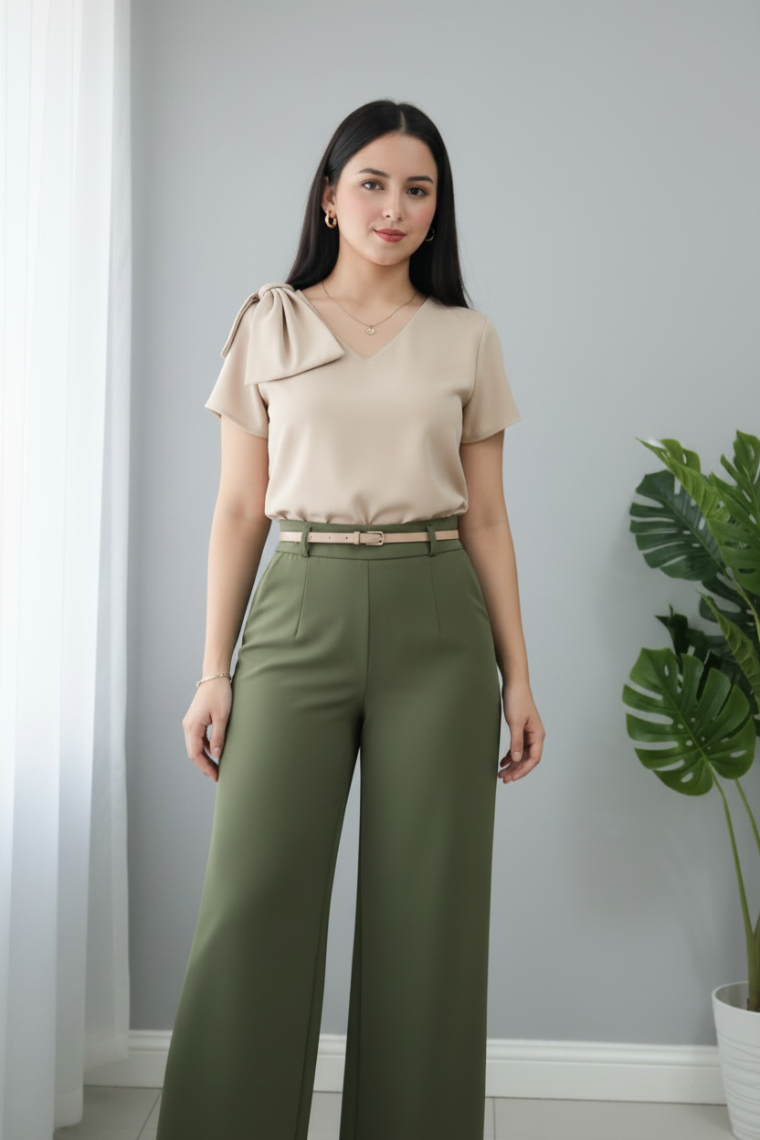Blusa Beige Manga Corta Escote V Lazo Hombro cod.B589
