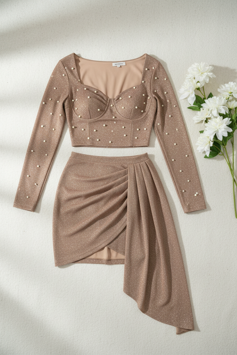 Conjunto nude champagne perlas mini falda drapeada C.1936