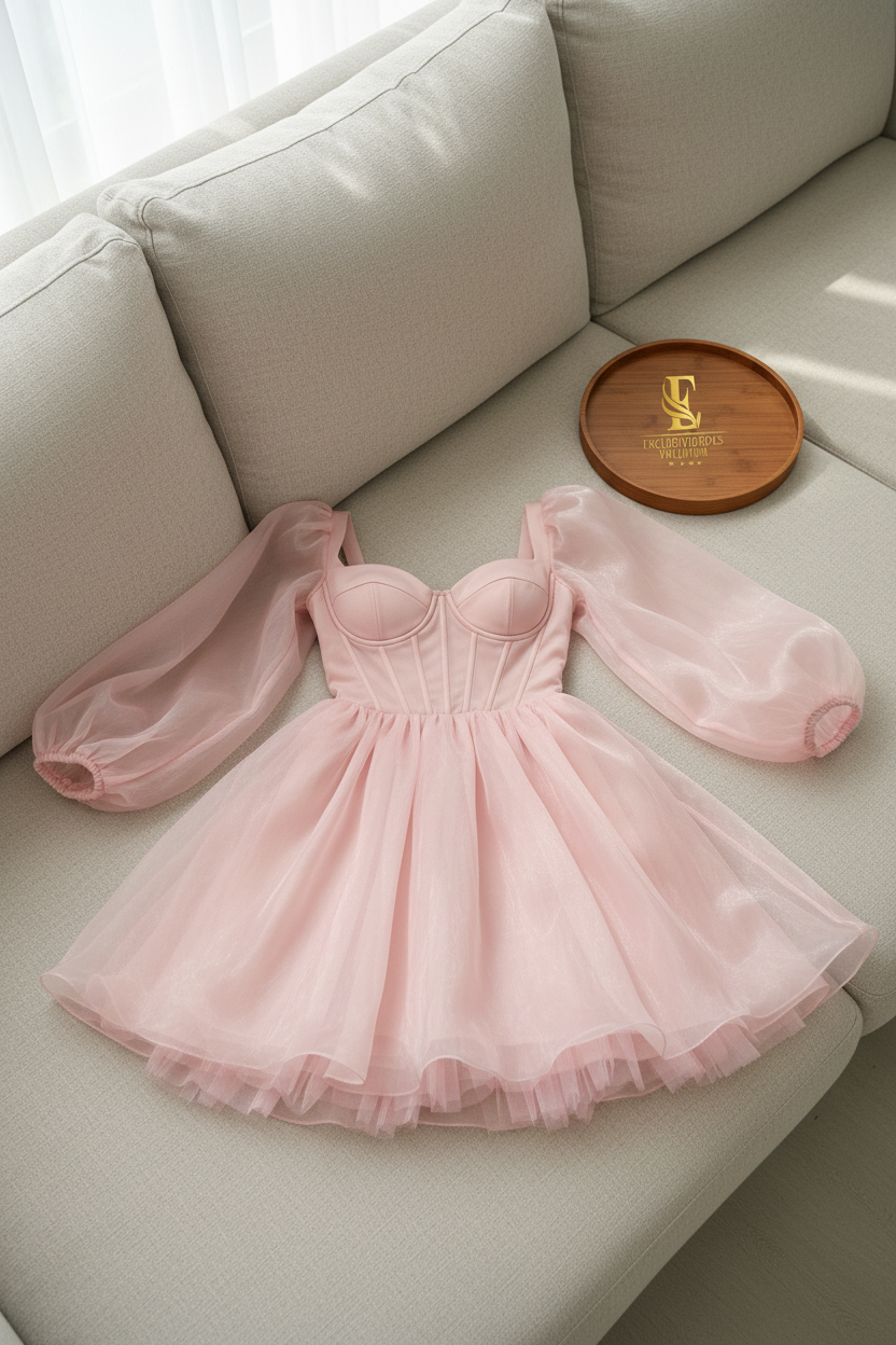 Vestido Rosa Pastel Corsé Manga Puff Bishop con Falda Organza Mini cod.983