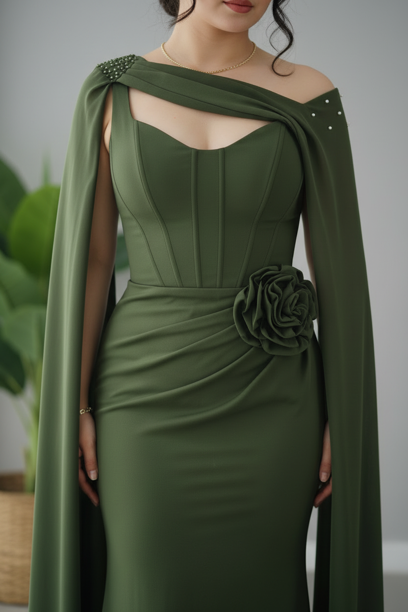 Vestido Verde Olivo Sirena con Capa y Rosa 3d cod.718