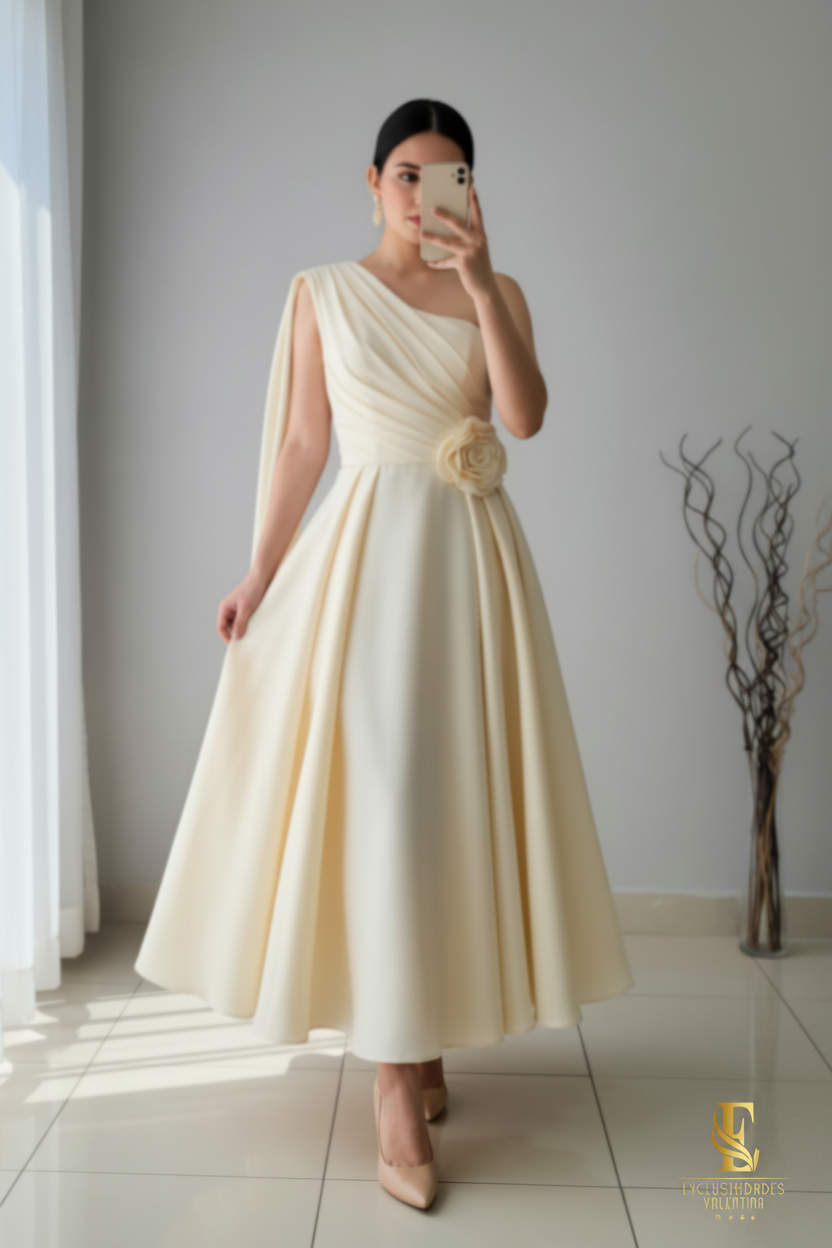 Vestido Crema Un Hombro Rosa cod.V330