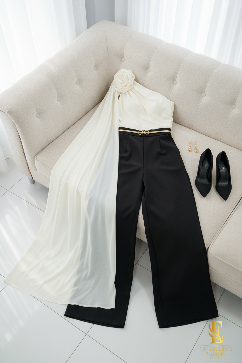 Conjunto Ivory y Negro Top Un Hombro Rosa 3D Capa Tul + Palazzo cod.C300