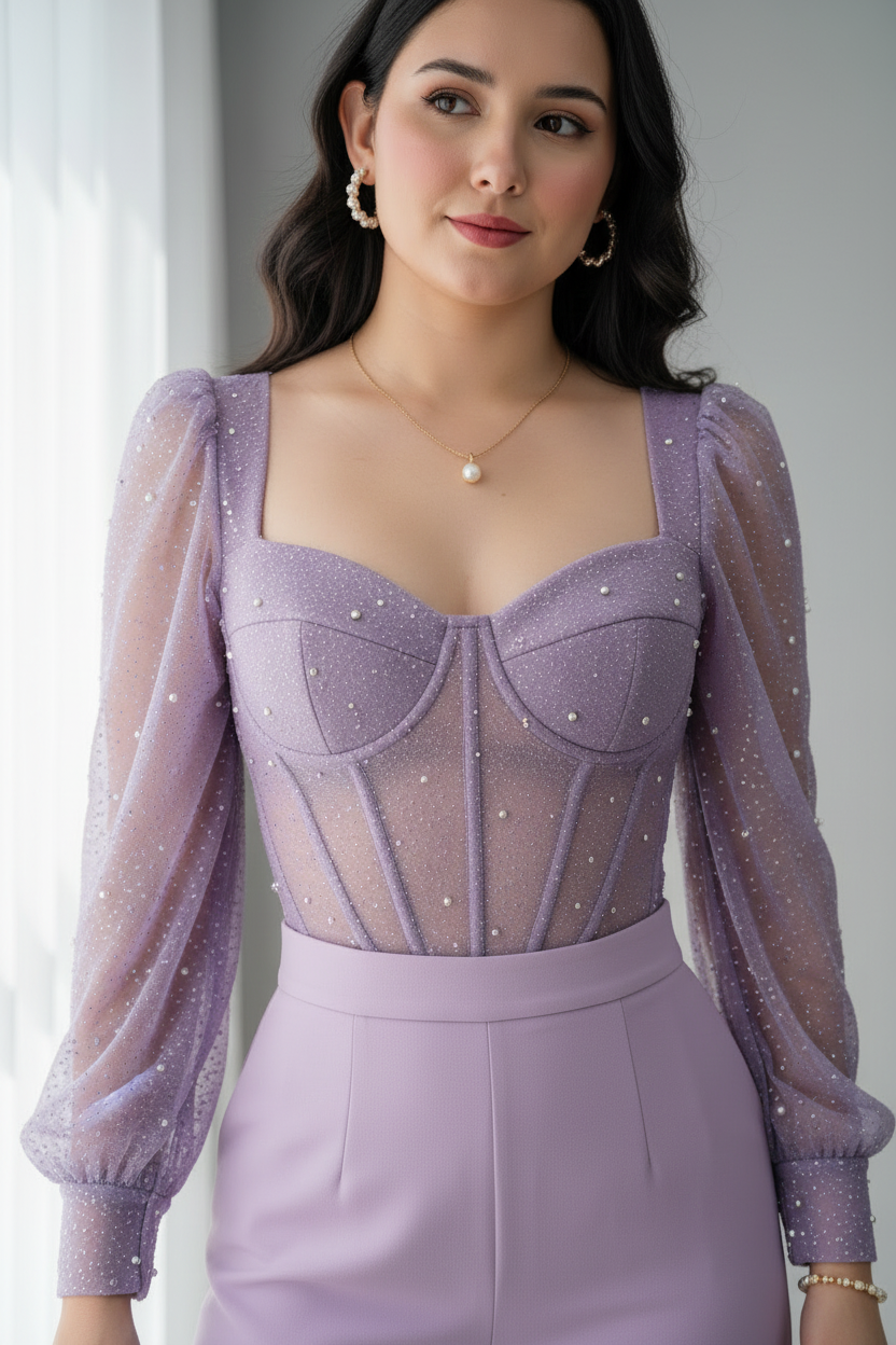 Conjunto Lila Lavanda Corset Tul Perlas + Pantalón Palazzo cod.C695