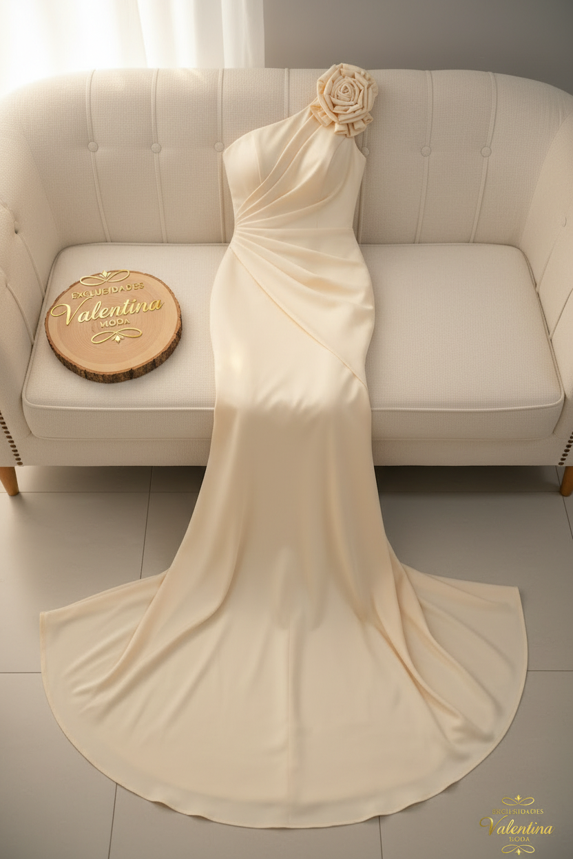 Vestido Champagne Un Hombro Rosa 3D Sirena cod.922