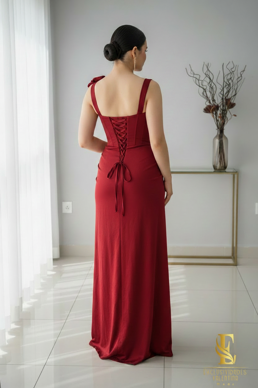 Vestido Rojo Vino Corset con Flor D cod.V345