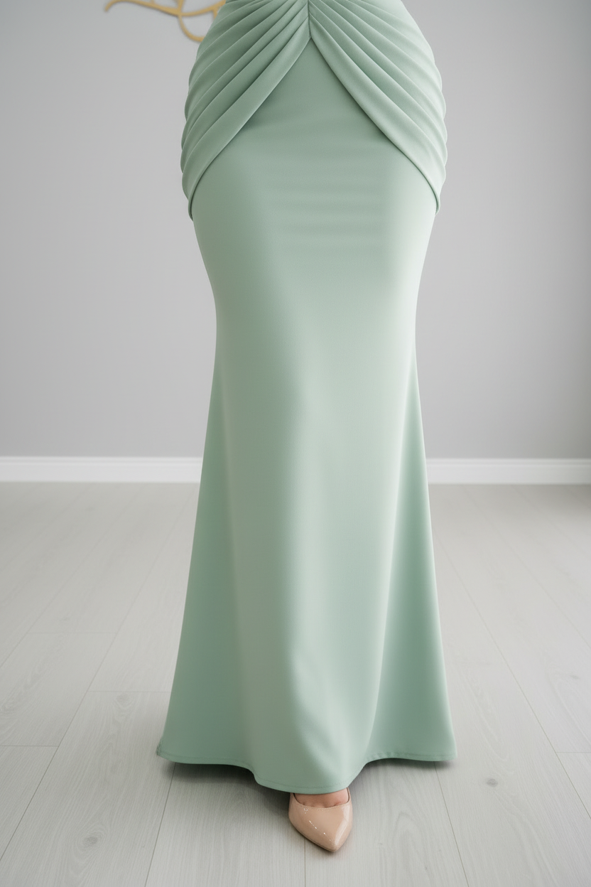 Vestido Verde Menta — Corset Tul con Perlas, Mangas Globo y Drapeado Sirena cod.V632