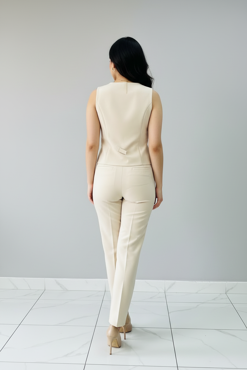 Conjunto Elegante Beige Chaleco con Botones Dorados y Pantalón Slim cod.518