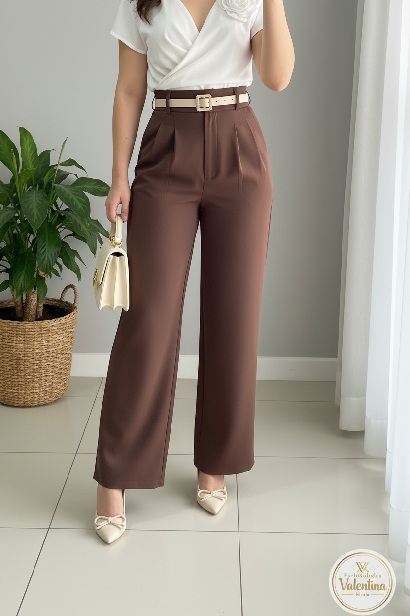 Conjunto 2 Piezas Top Blanco Rosa 3D y Palazzo Marrón Chocolate cod.00136