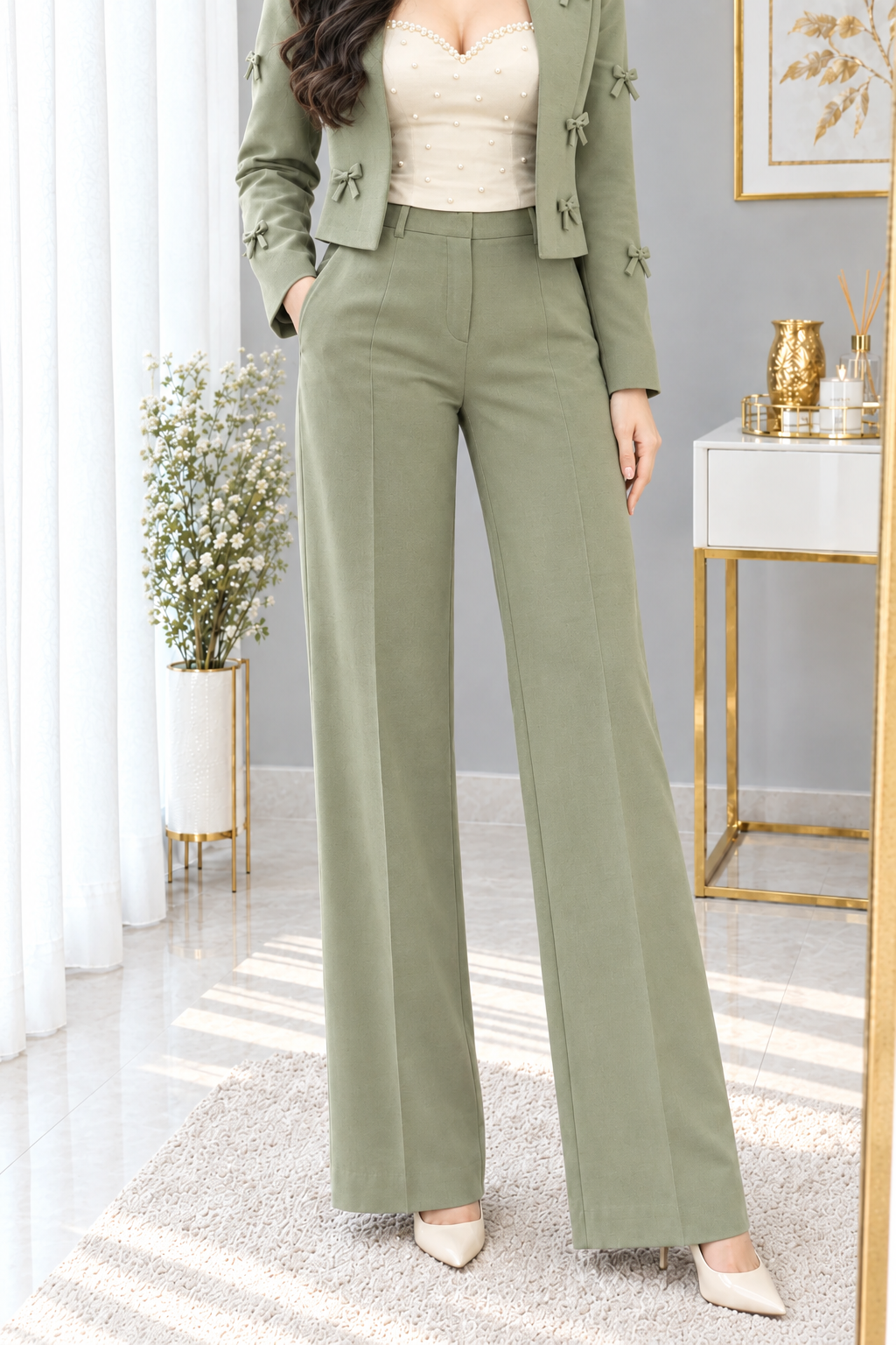 Conjunto verde salvia blazer con lazos 3 piezas , cod. CJ010