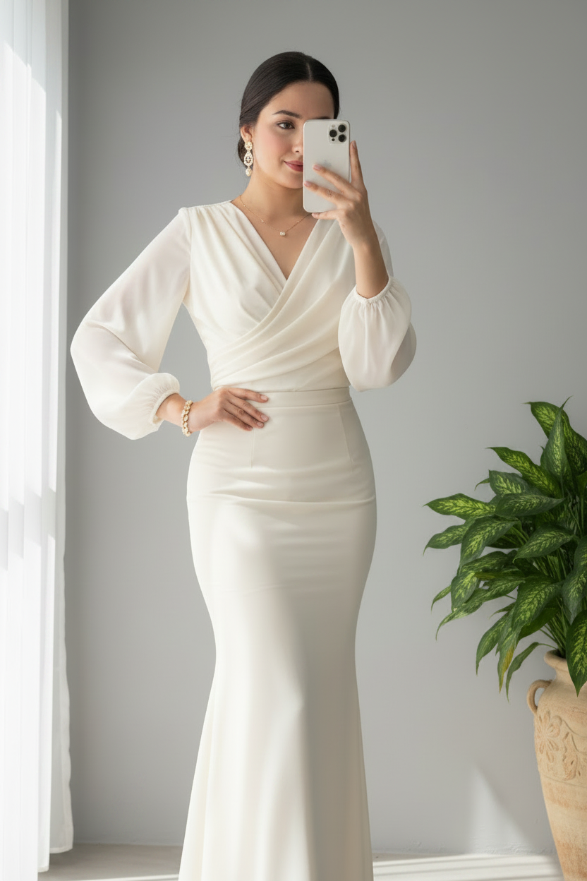 Conjunto Dos Piezas Blanco Marfil Top Wrap Escote V Manga Bishop Falda Sirena cod.841