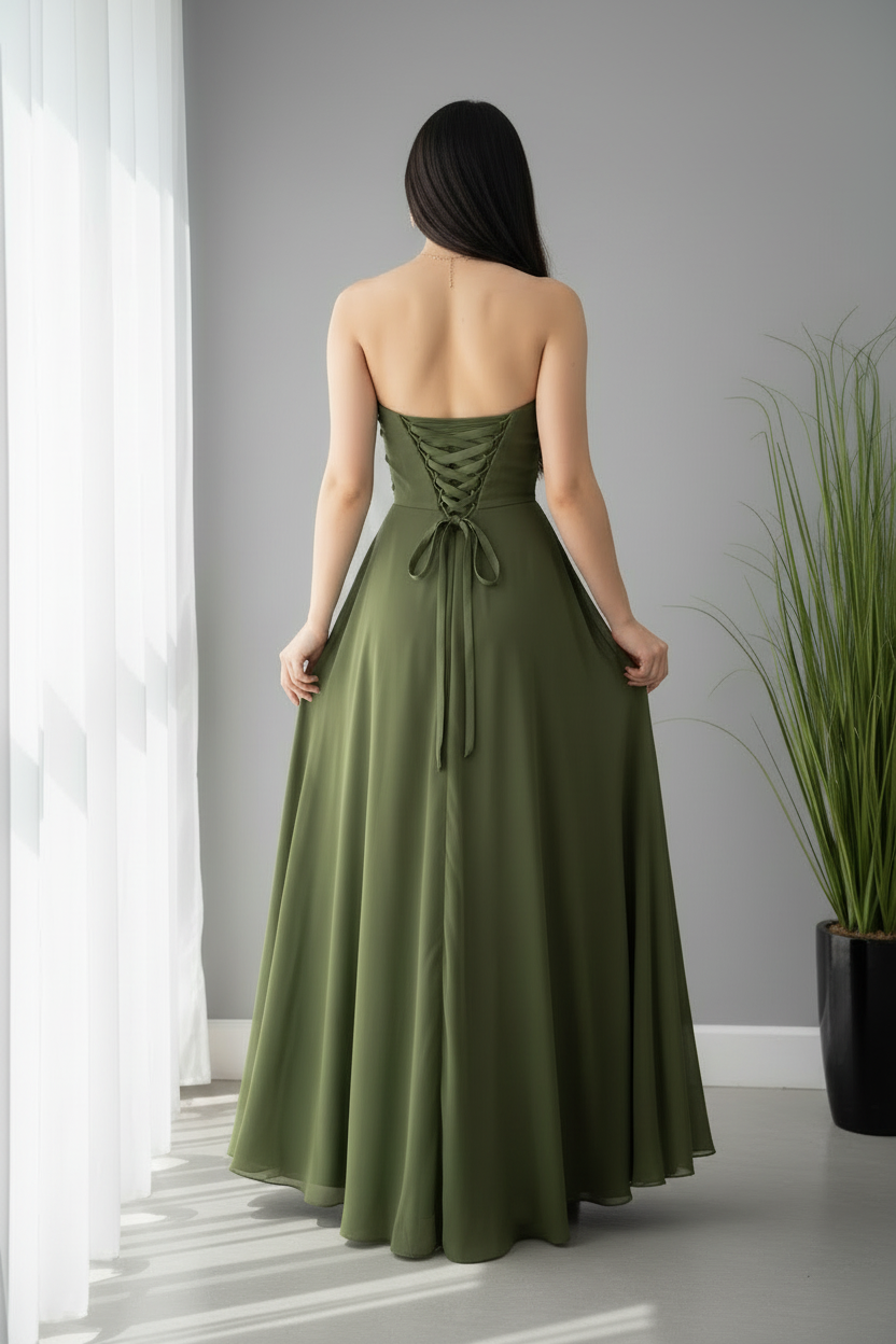 Vestido Verde Olivo Bordado Floral con Abertura cod.V642