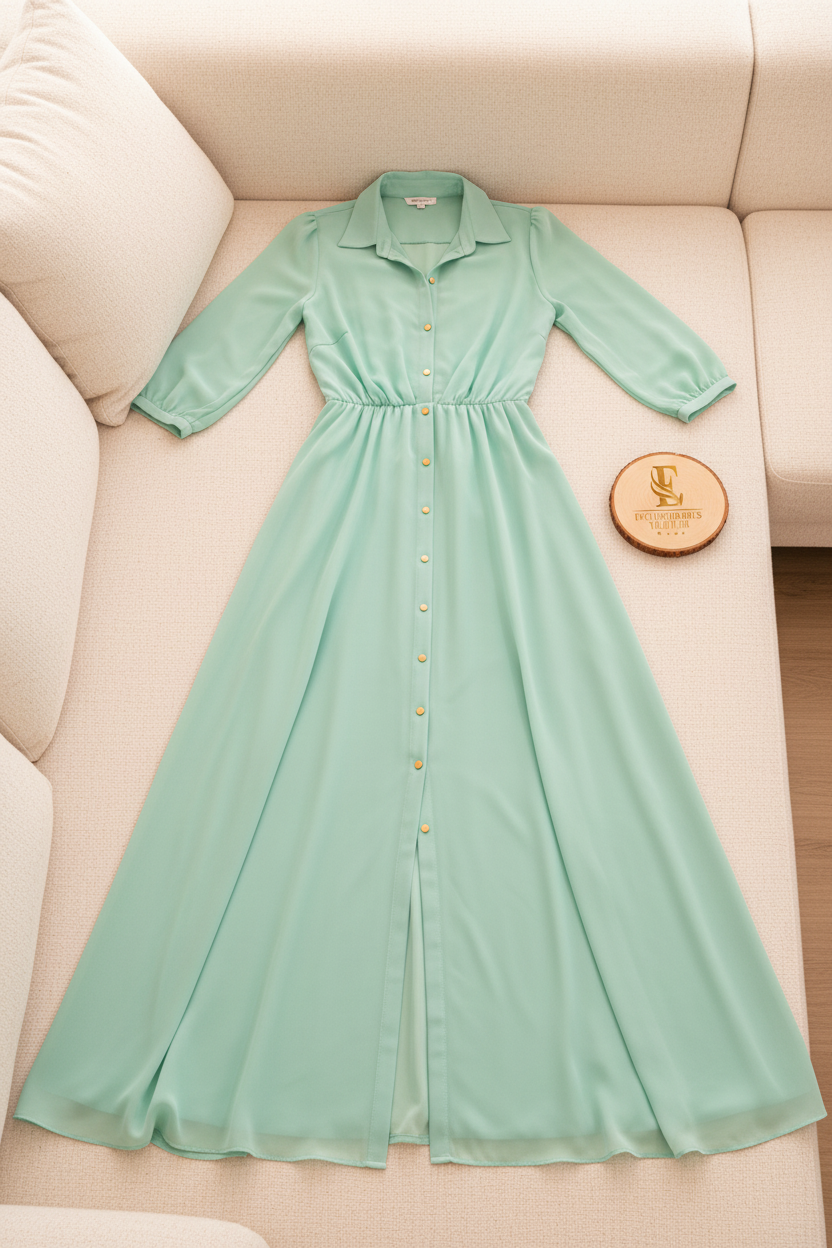 Vestido Verde Agua Menta Gasa Manga 3/4 Cuello Camisero Botones Dorados A-Line cod.830