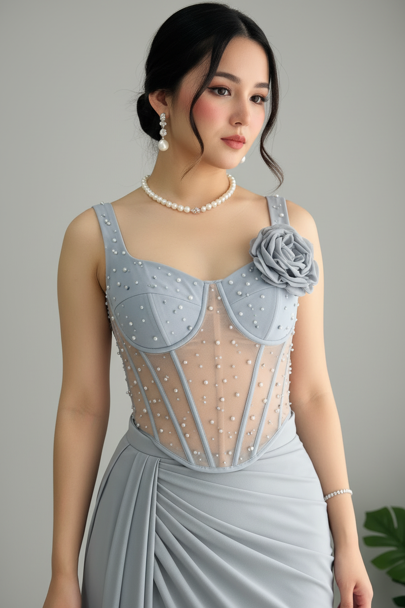 Conjunto Azul Acero Corset Illusion con Perlas Rosa 3D y Drapeado cod.813