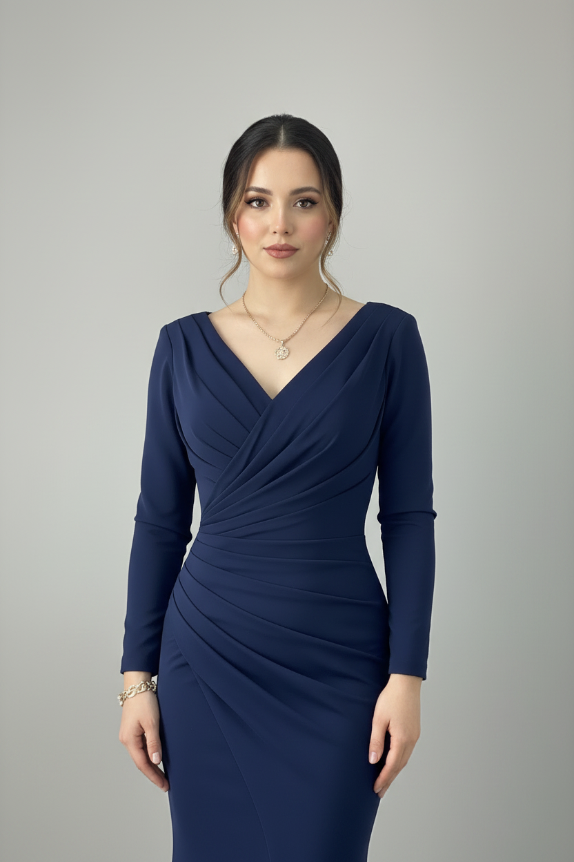 Vestido Sirena Azul Marino — Escote V Cruzado, Manga Larga & Abertura Frontal cod.889