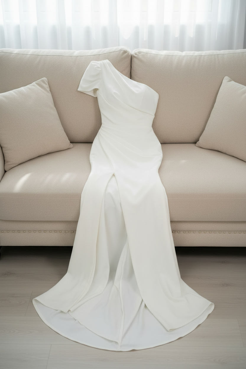 Vestido de Gala Blanco Hombro Asimétrico con Abertura cod.V597