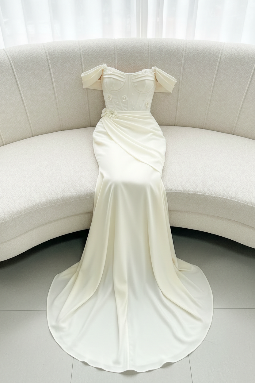 Vestido Ivory Off-Shoulder Sirena con Perlas y Corsét cod.V365