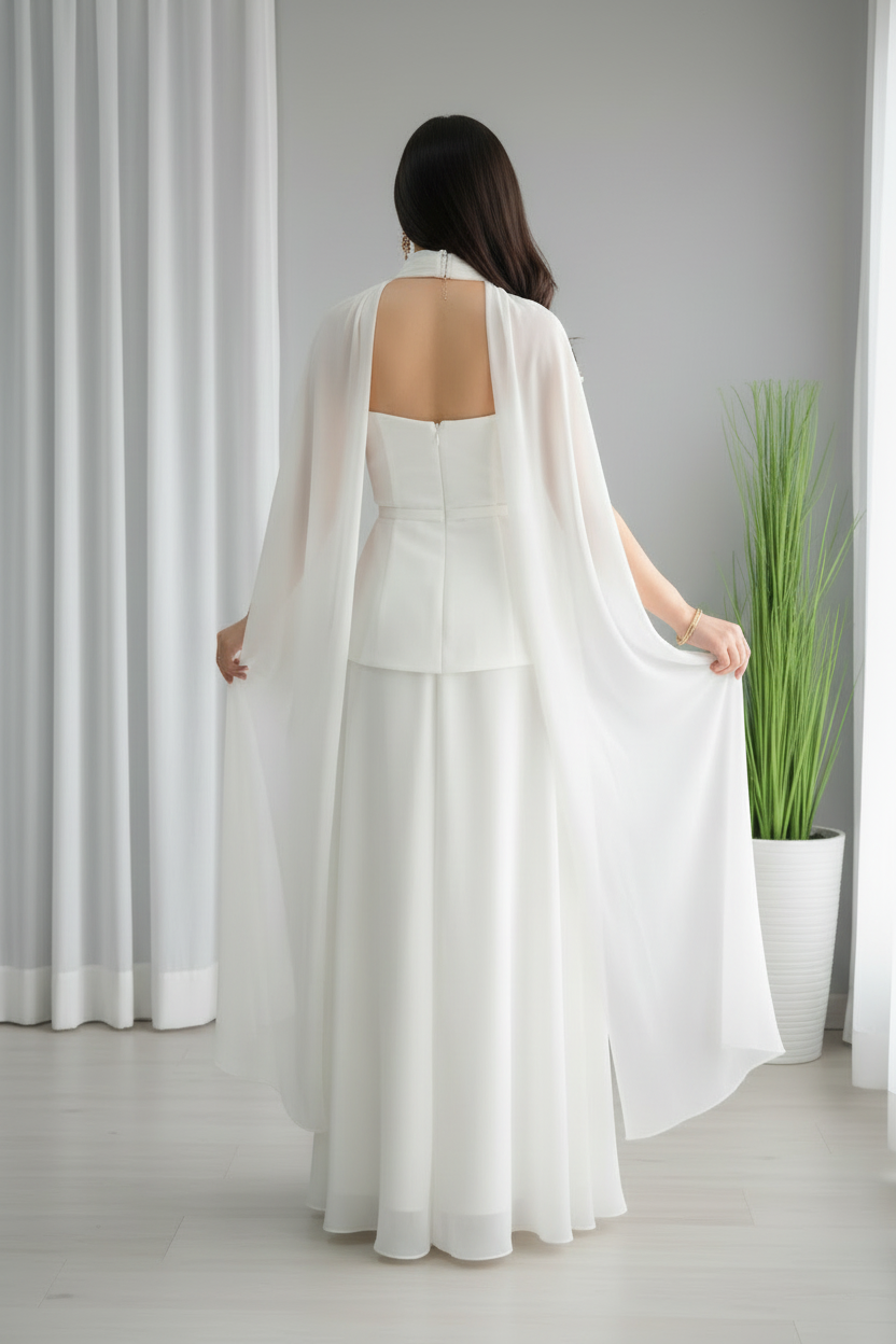 Conjunto Blanco Peplum con Capa y Flores cod.C636