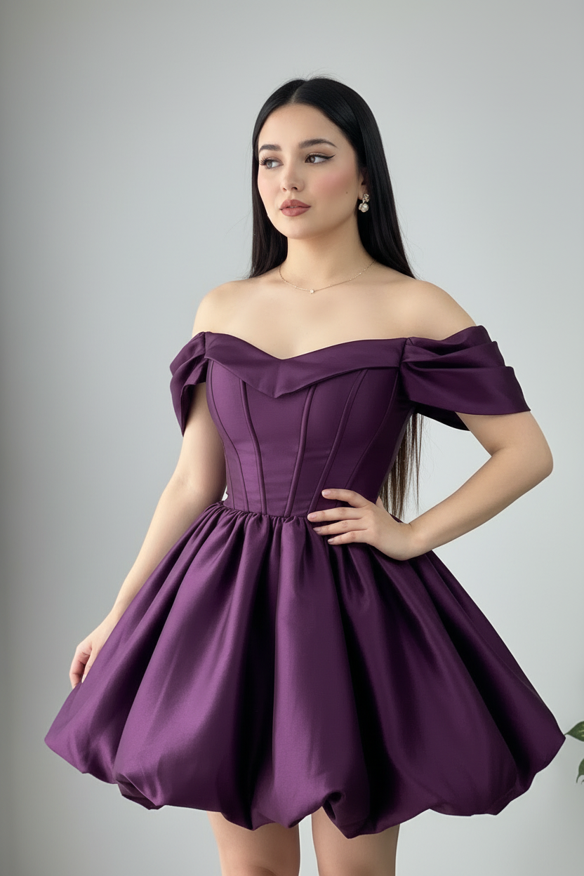 Vestido Morado Uva Off-Shoulder Corsé con Falda Bubble cod.975