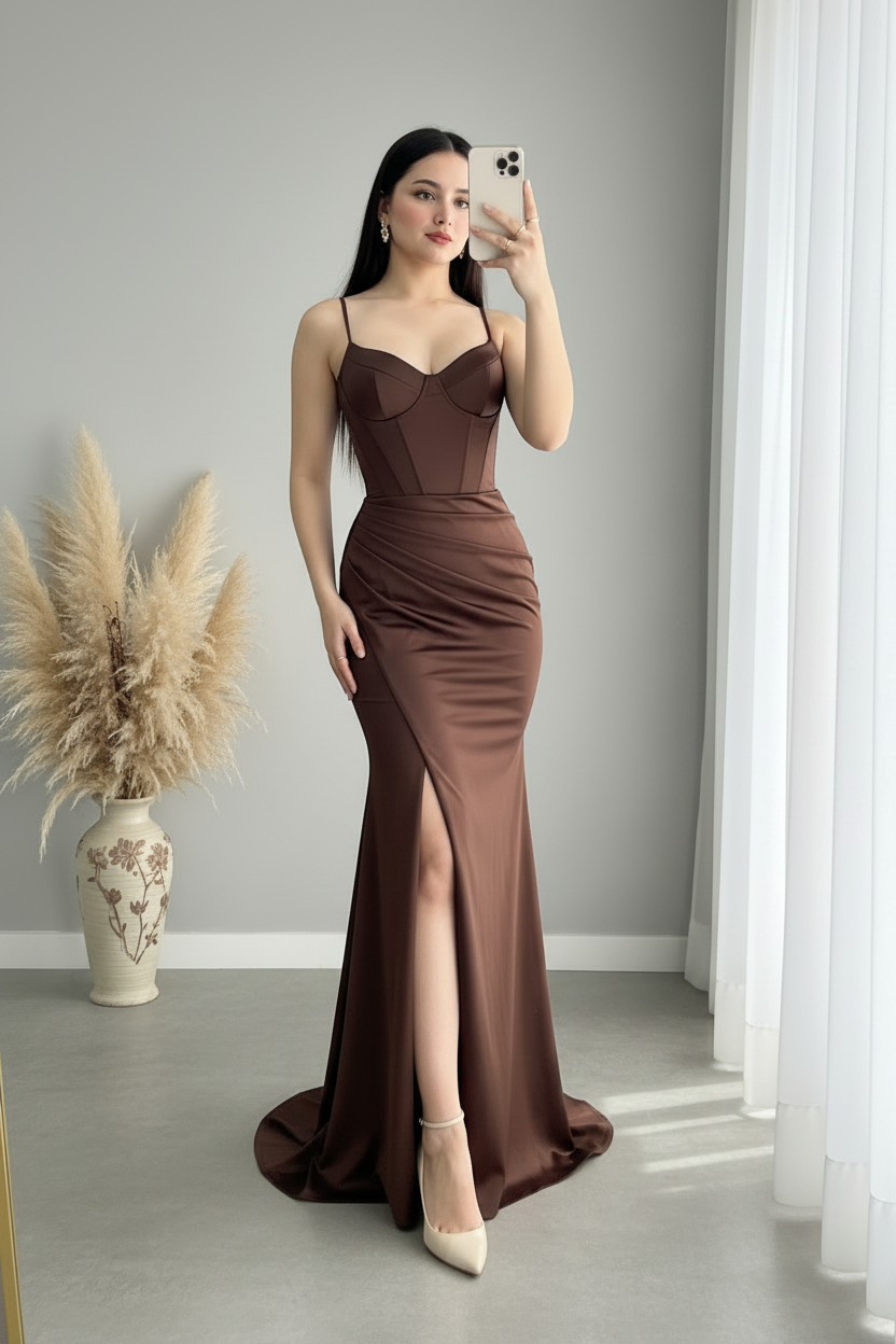 Vestido Chocolate Tirantes Finos Corset Sirena cod.V426