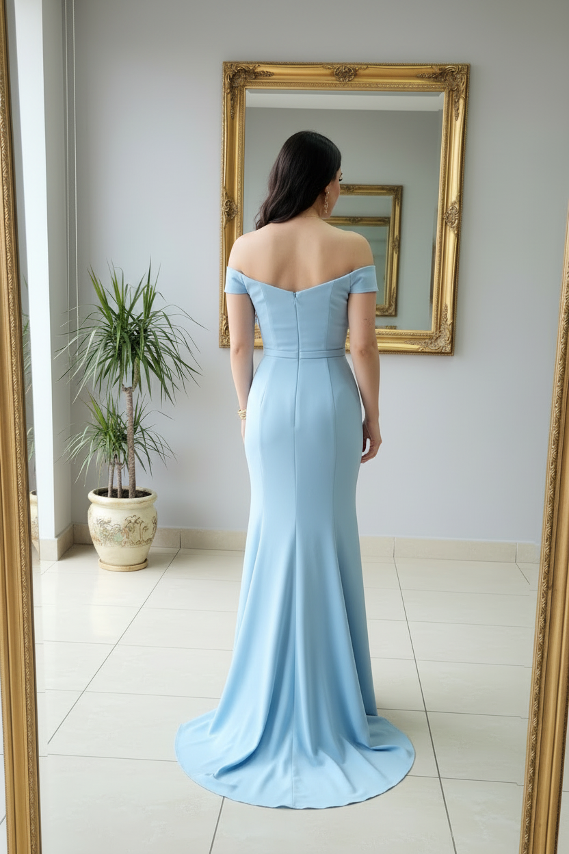 Vestido Formal Azul Cielo Off-Shoulder con Lazo cod.500