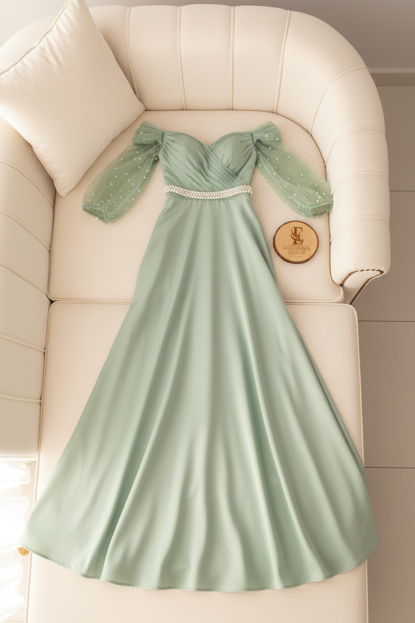 Vestido Verde Salvia Sage Off-Shoulder Manga Tul Perlas Cinturon Ancho A-Line cod.840