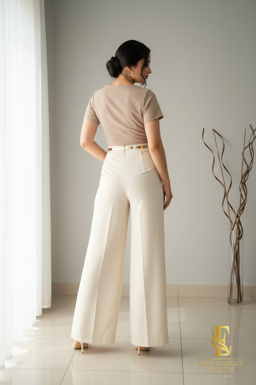 Conjunto Beige Blusa Rosa Palazzo Crema cod.V332