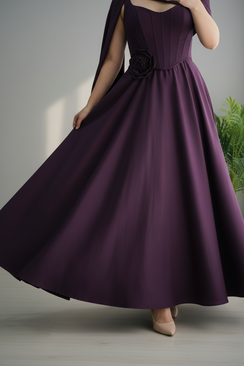 Vestido Morado Ciruela Falda Amplia con Capa cod.715