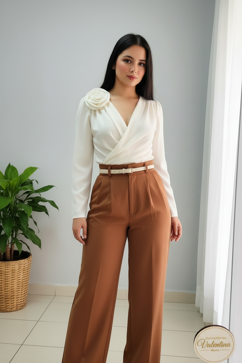 Conjunto 2 Piezas Top Blanco Rosa 3D Manga Larga y Palazzo Terracota cod.00138