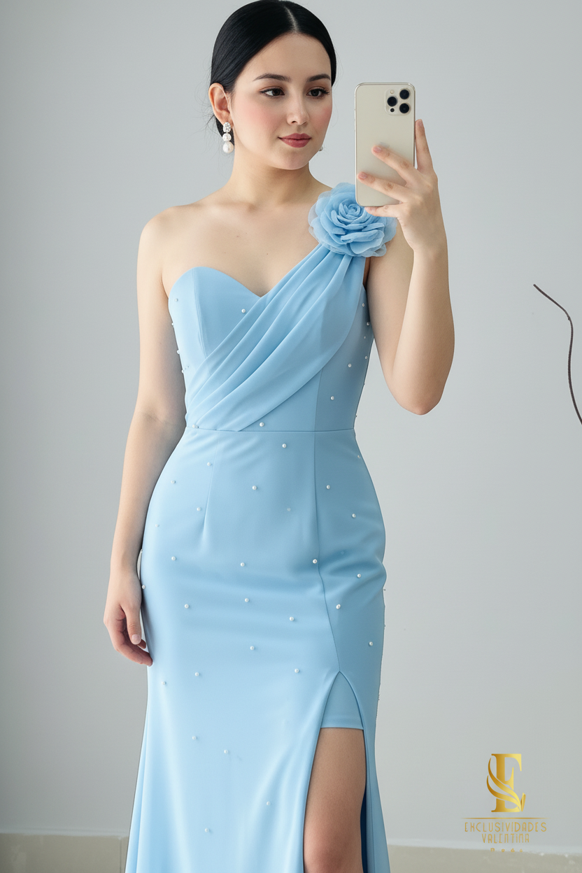 Vestido Azul Cielo Sirena Un Hombro Rosa 3D Perlas Abertura cod.V336