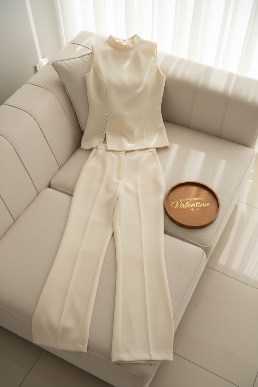 Conjunto Crema Top Cuello Alto y Pantalón cod.634