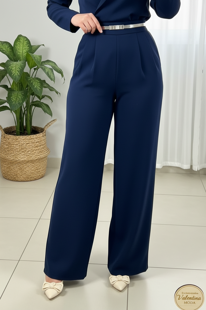 Conjunto 2 Piezas Azul Marino Top Cruzado Manga Larga y Palazzo cod.00139
