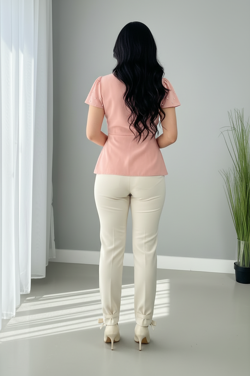 Conjunto Dos Piezas B. Rosa Peplum con Broche de Perlas y P. Pitillo Crema cod.C612
