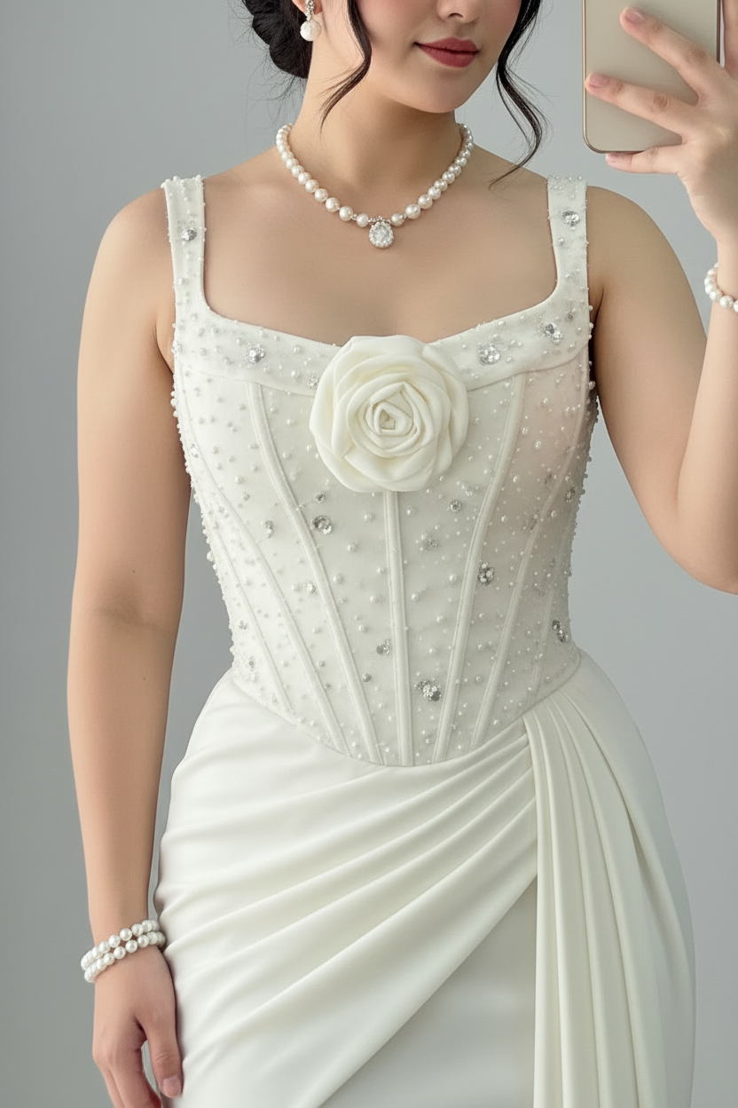 Vestido Blanco Marfil Tirantes Corset con Perlas Rosa 3D y Drapeado cod.812
