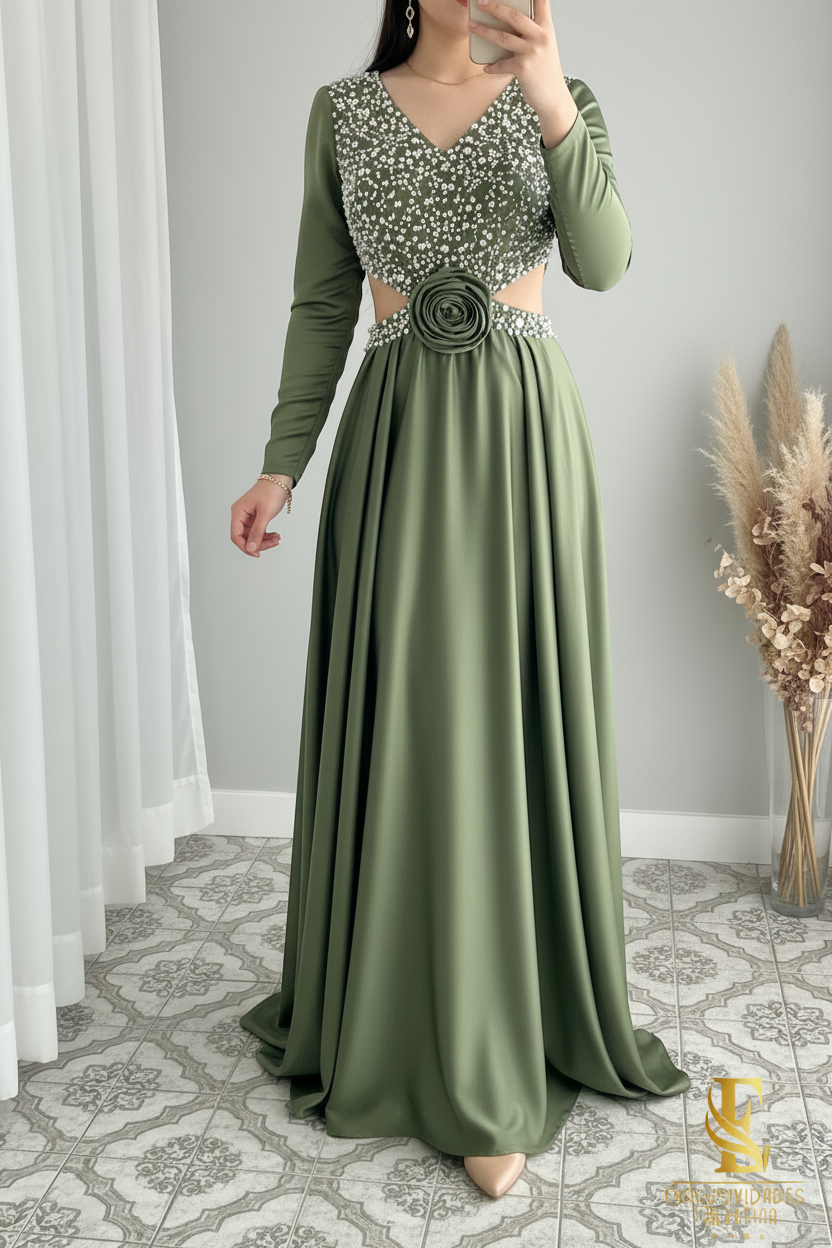 Vestido Verde Olivo Manga Larga con Perlas Cristales y Rosa 3D cod.V286