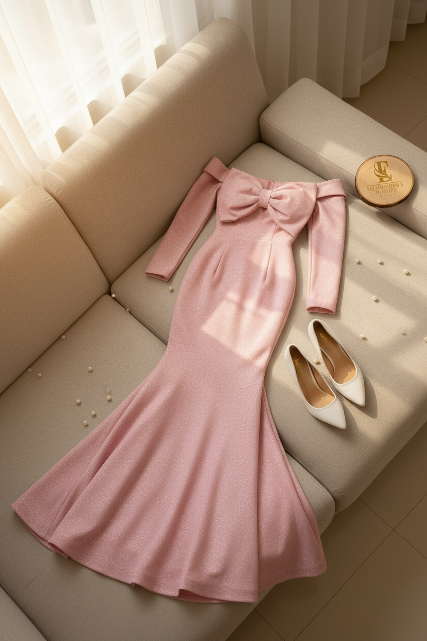 Vestido Formal Rosa Off-Shoulder Manga Larga con Lazo y Cola Sirena cod.510