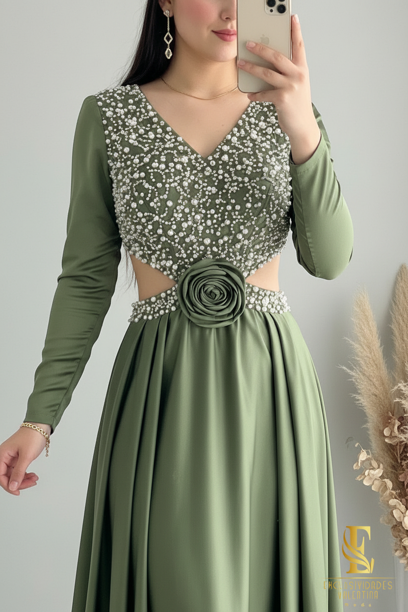Vestido Verde Olivo Manga Larga con Perlas Cristales y Rosa 3D cod.V286