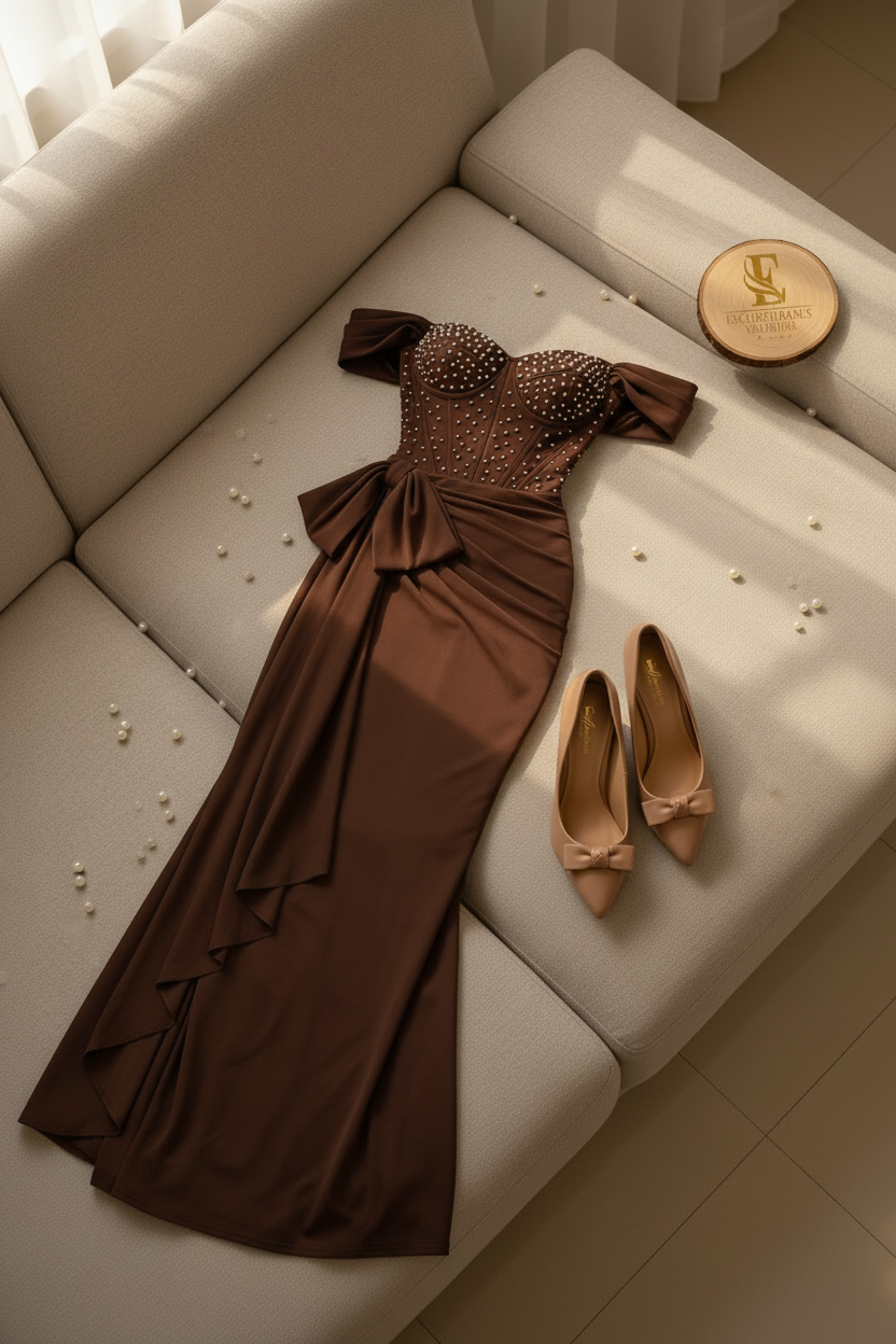 Vestido Formal Café Chocolate Off-Shoulder Corset con Perlas y Lazo
