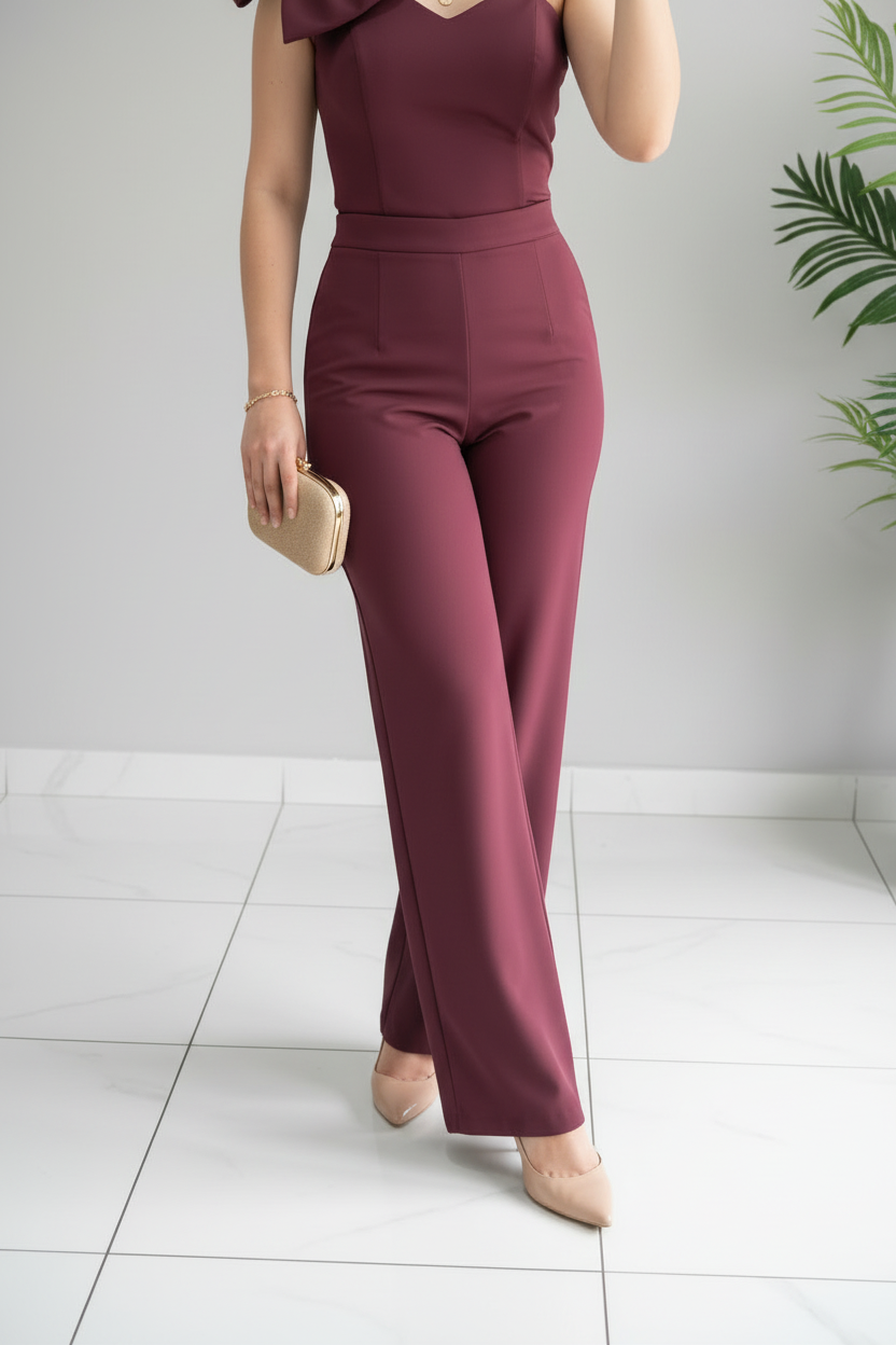 Conjunto Elegante Vino Borgoña Top Strapless con Lazo y Pantalón Wide Leg cod.514