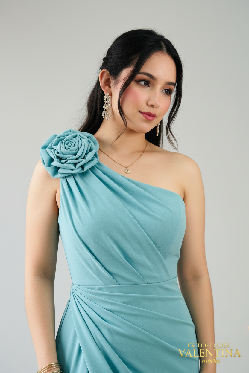 Vestido Azul Teal Un Hombro con Rosa 3D y Abertura Lateral cod.V553
