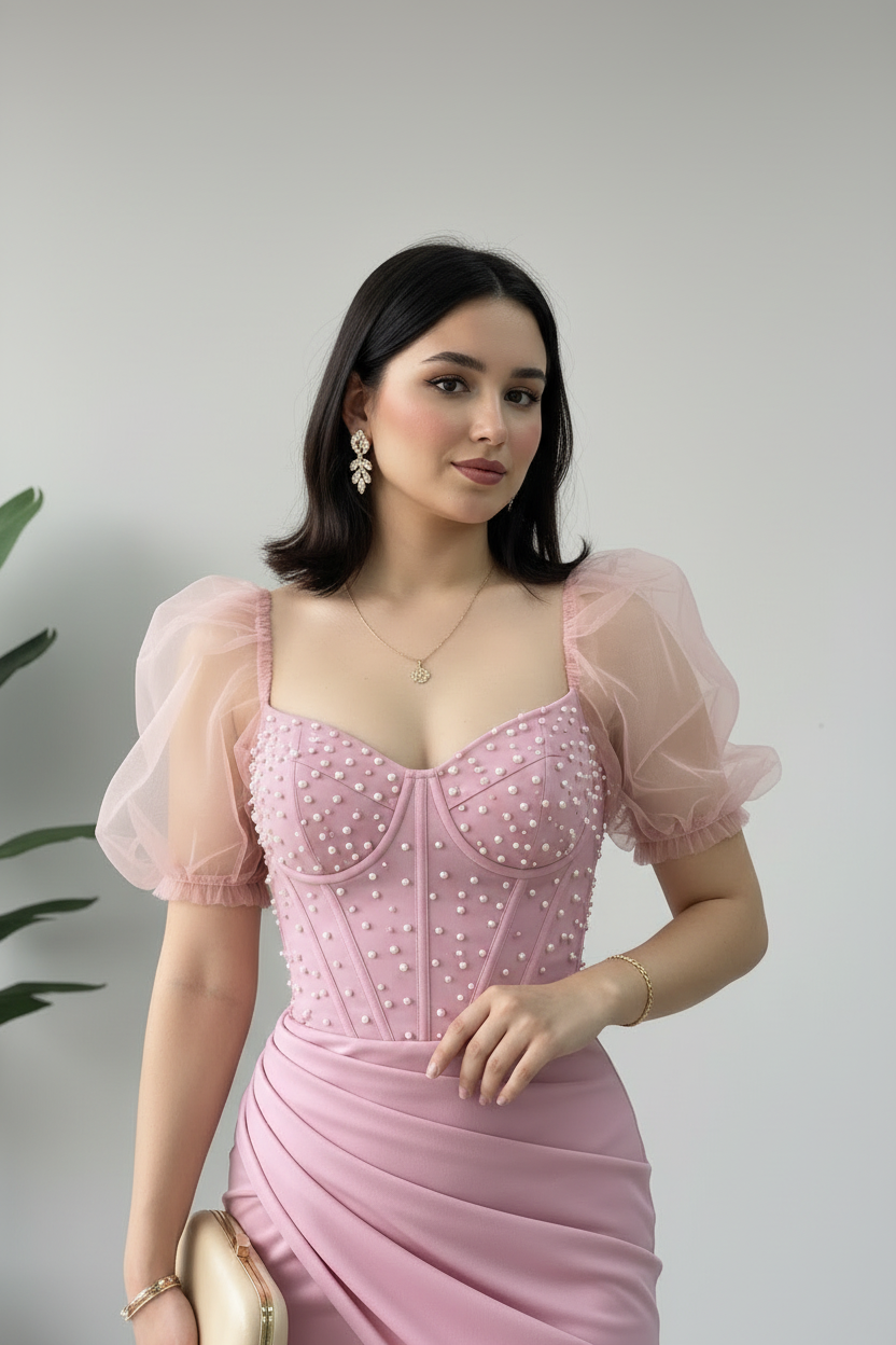 Vestido Formal Rosa Corset con Mangas Tul y Perlas cod.502