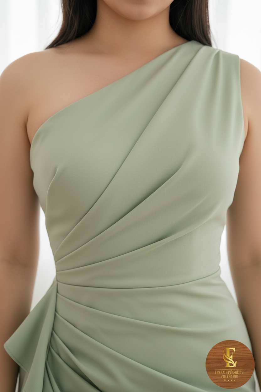 Vestido Verde Sage One-Shoulder Volantes Abertura Lateral Cierre Invisible cod.00112