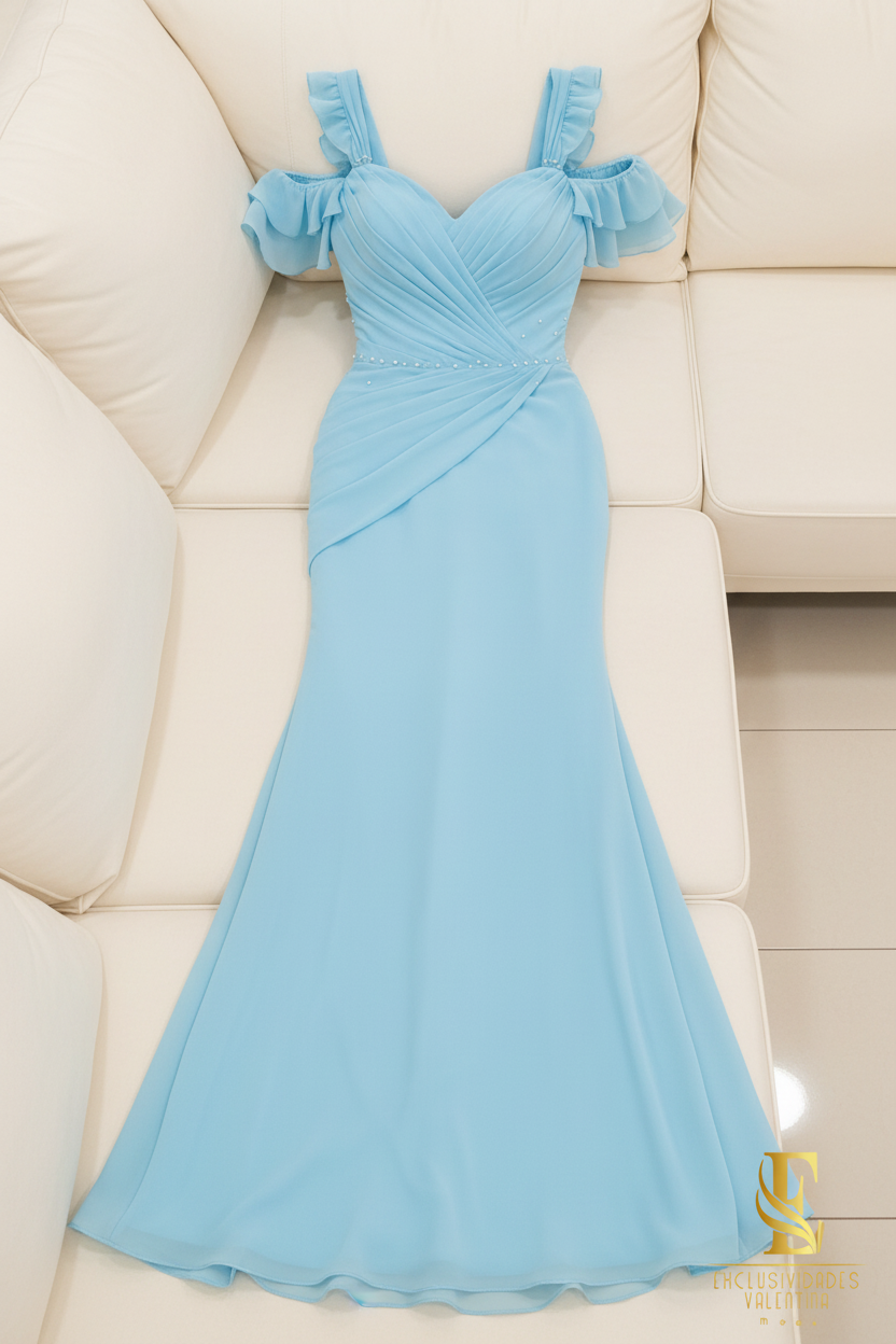 Vestido Sirena Azul Cielo | Cold-Shoulder con Volantes, Drapeado y Perlas cod.V515