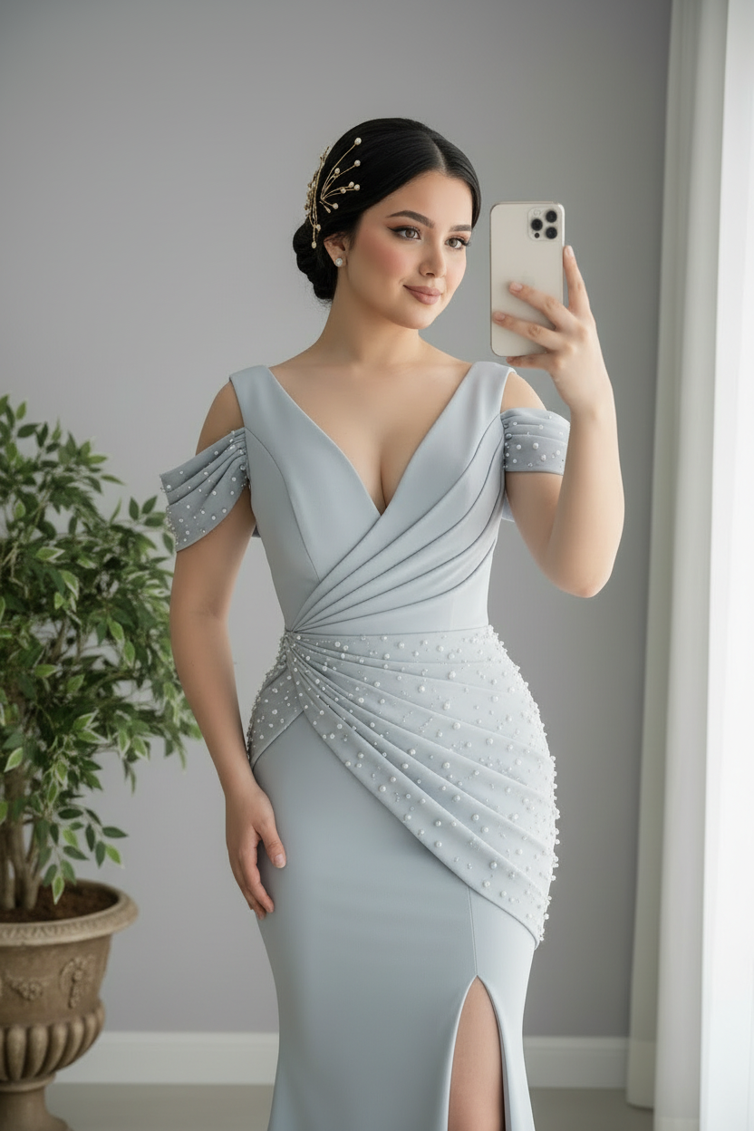 Vestido Azul Polvos Cold-Shoulder Perlas Abertura cod.0019