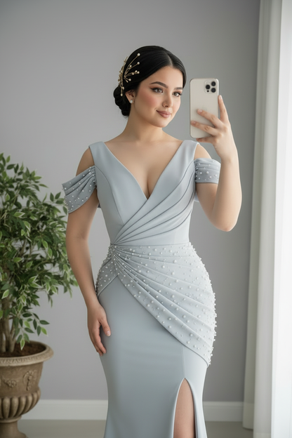 Vestido Azul Polvos Cold-Shoulder Perlas Abertura cod.0019