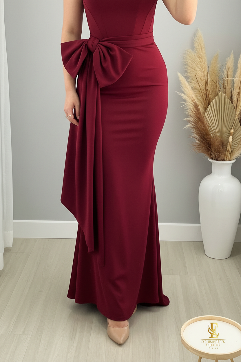 Vestido Vino Borgoña Sirena Sin Mangas Lazo Lateral cod.00177