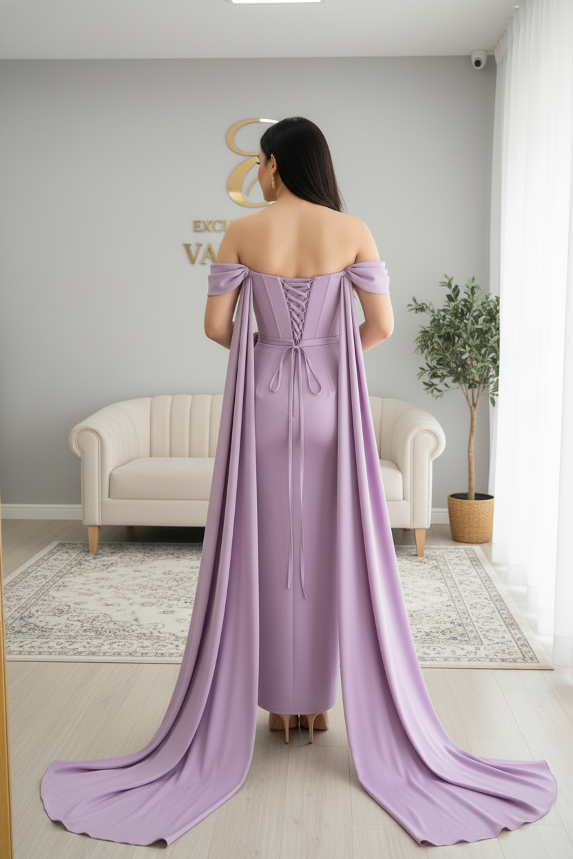 Vestido Lila — Off-Shoulder Corset con Rosa 3D y Capa cod.V628