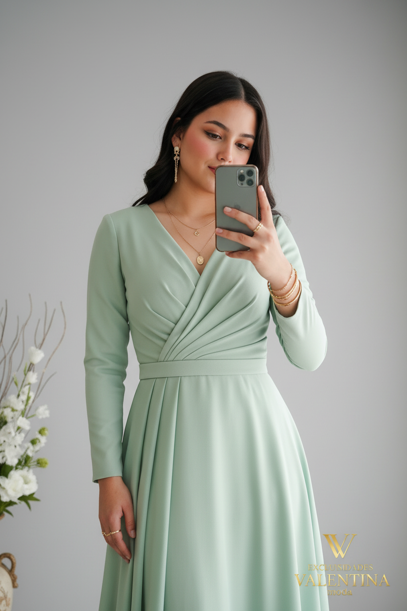 Vestido Verde Menta Manga Larga Escote V con Flores 3D en Ruedo cod.V538