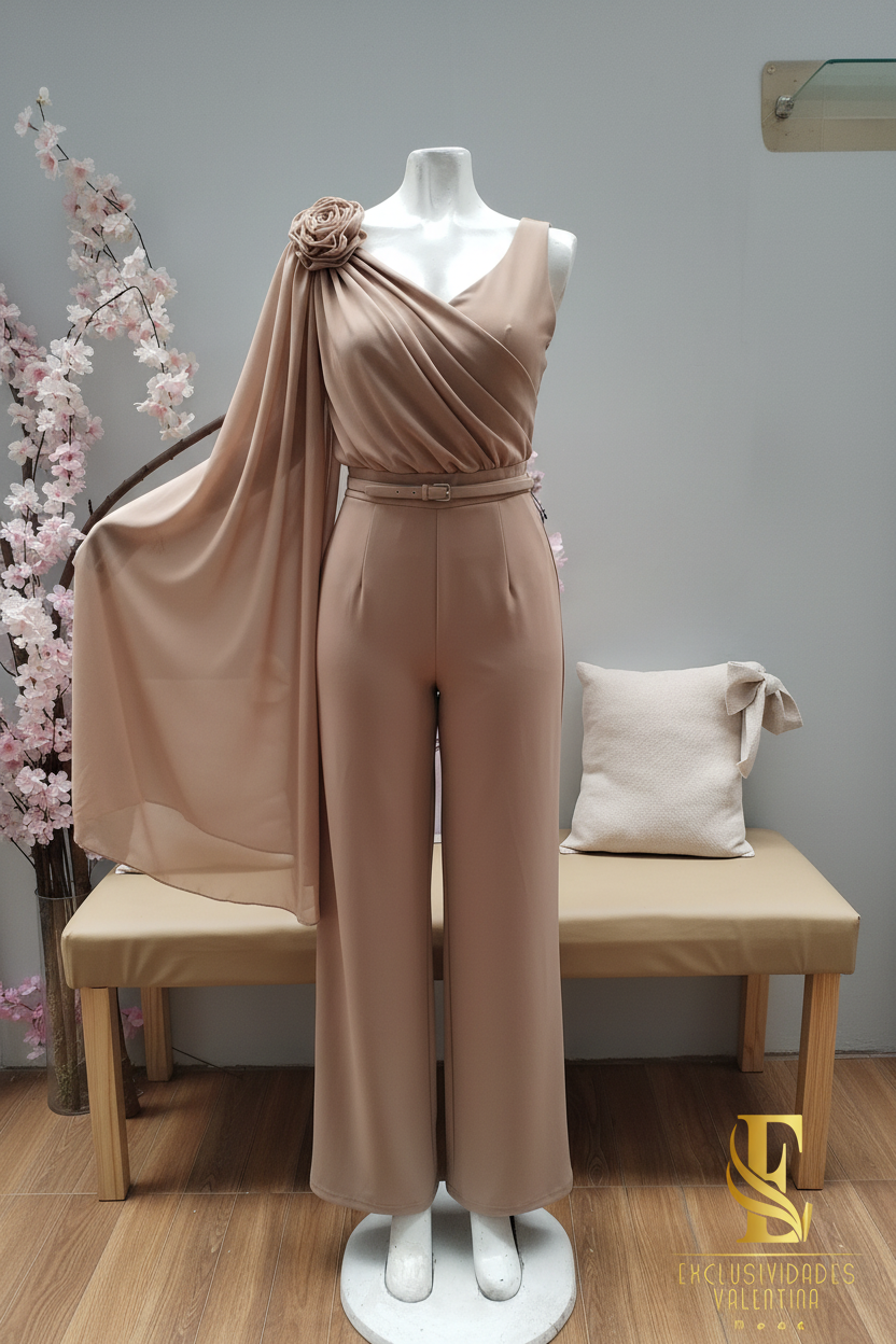 Conjunto Camel Top Drapeado con Gasa y Pantalón Palazzo cod.C279