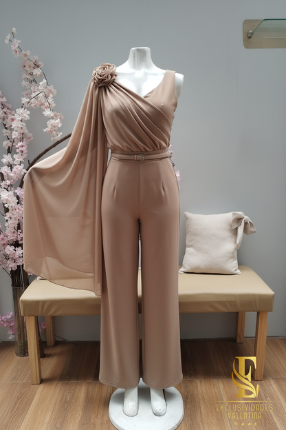 Conjunto Camel Top Drapeado con Gasa y Pantalón Palazzo cod.C279