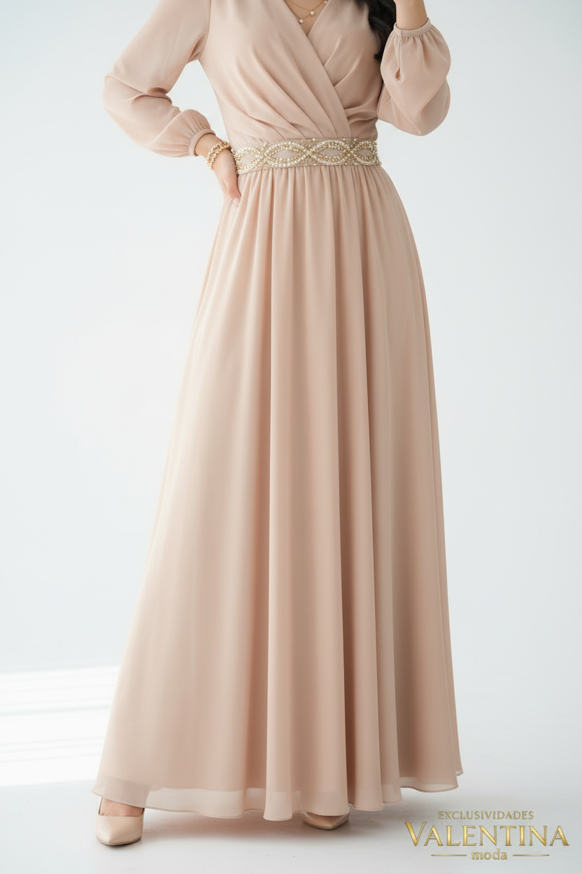 Vestido Largo Nude Manga Larga cod.706